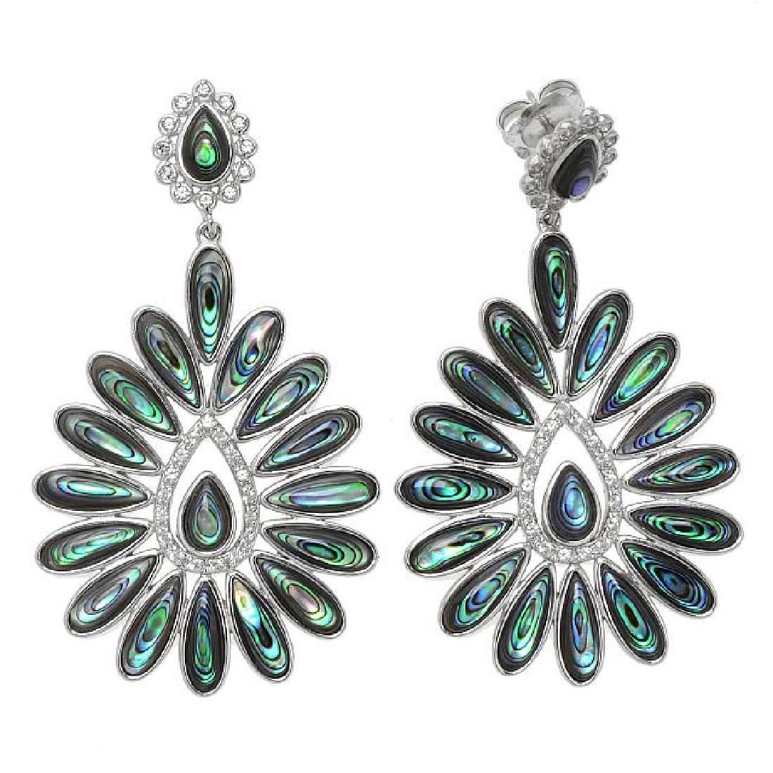 Silver Abalone & White Topaz Flower Drop Earrings: • Genuine abalone & white topaz • 1.10cwt white topaz • Comfortable butterfly backs • Gleaming rhodium over fine sterling silver