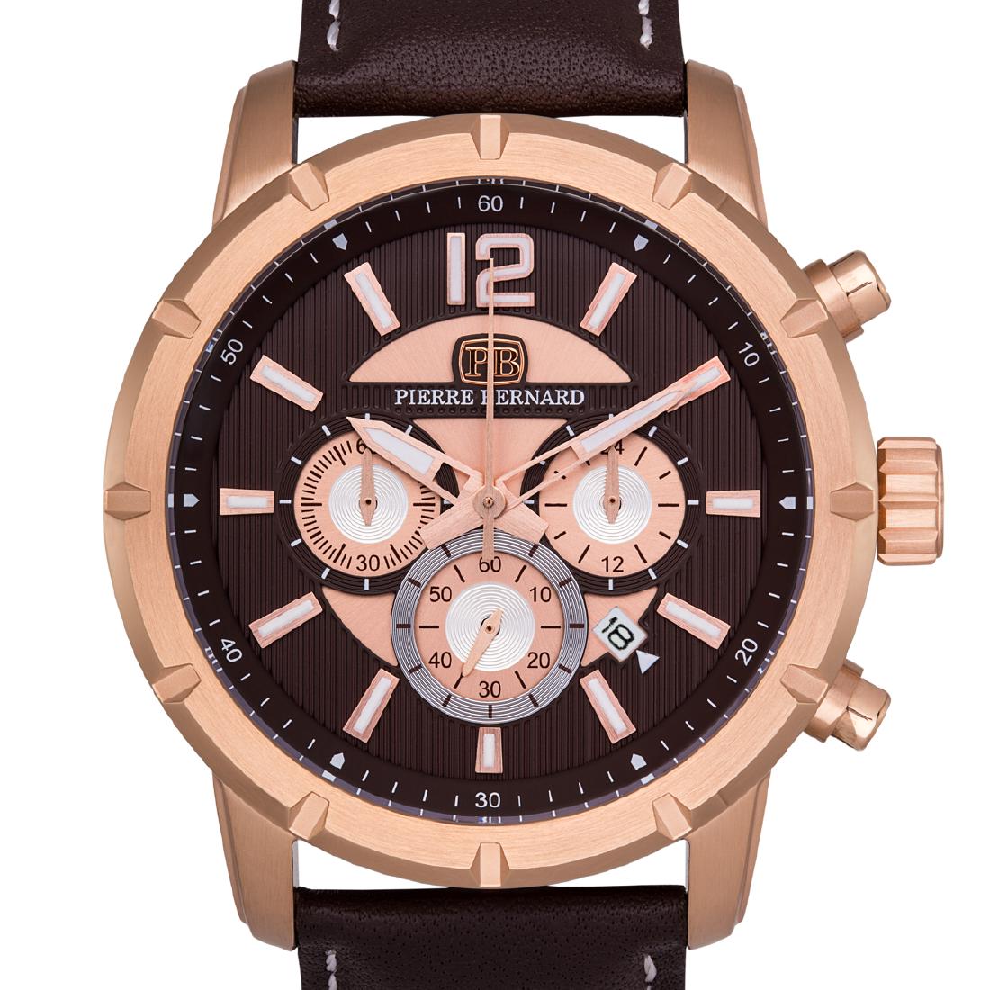 Pierre Bernard Steeplechase Mens Chronograph Watch: Main Features: Luminescent hands, Visible Date Window, True Chronograph Functions Hands: Luminescent hands Case Shape: Round Material: Stainless Steel, Leather Case Thickness: 12mm Strap Width: 22mm S