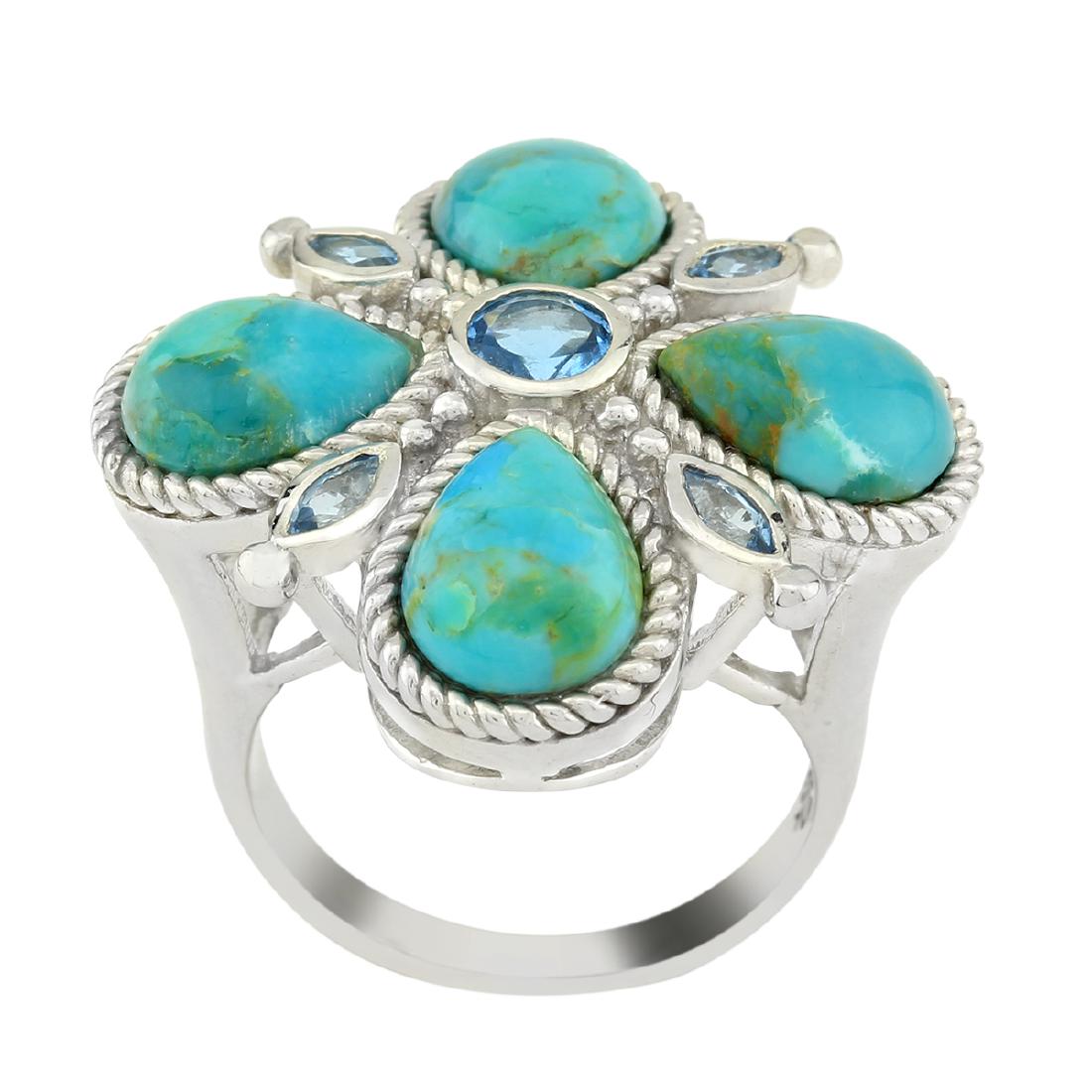 Sterling Silver Tuquoise & Topaz Clover Ring-SZ 7: • Genuine turquoise & swiss blue topaz • 0.72cwt swiss blue topaz • Four leaf clover deisgn with rope texture • Gleaming rhodium over fine sterling silver