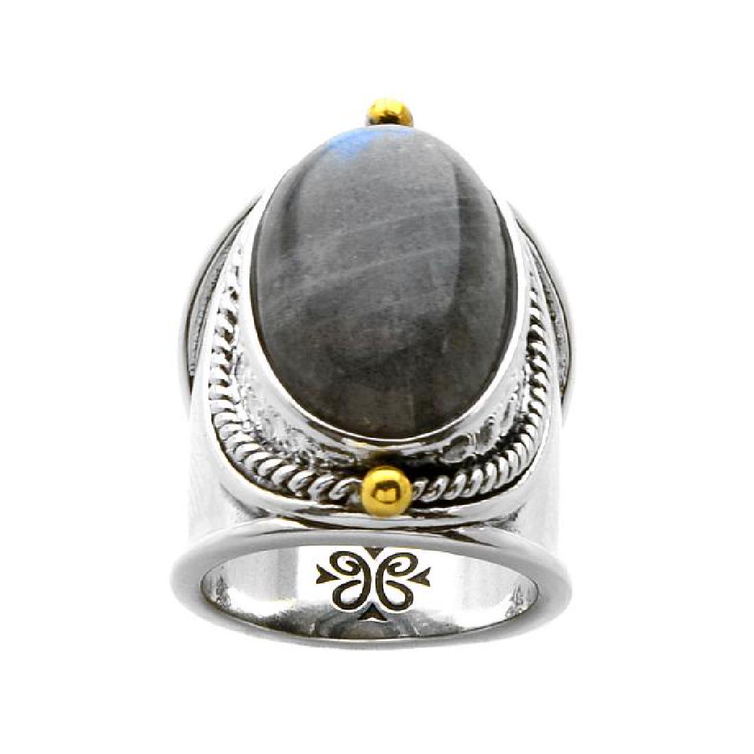 Sterling Silver Labradorite Wide Band Ring-SZ 9: Add a bit of “formal wear” to your hand with this lovely design from the Pangea Mines . Genuine labradorite adorns a beautifully crafted oxidized sterling silver band with lustrous gold-pl