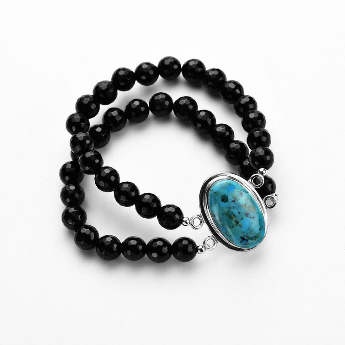 Sterling Silver Two Row Black Onyx Beaded Bracelet (1 of 1)