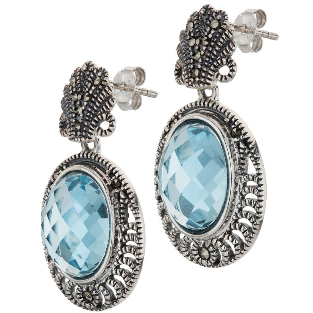 Silver Marcasite & Blue Topaz Oval Drop Earrings: Add a bit of delicate beauty to your ensemble with this lovely design from Addison Lane’s Felicity collection. Beautifully crafted in oxidized sterling silver and adorned with gorgeous genuine S