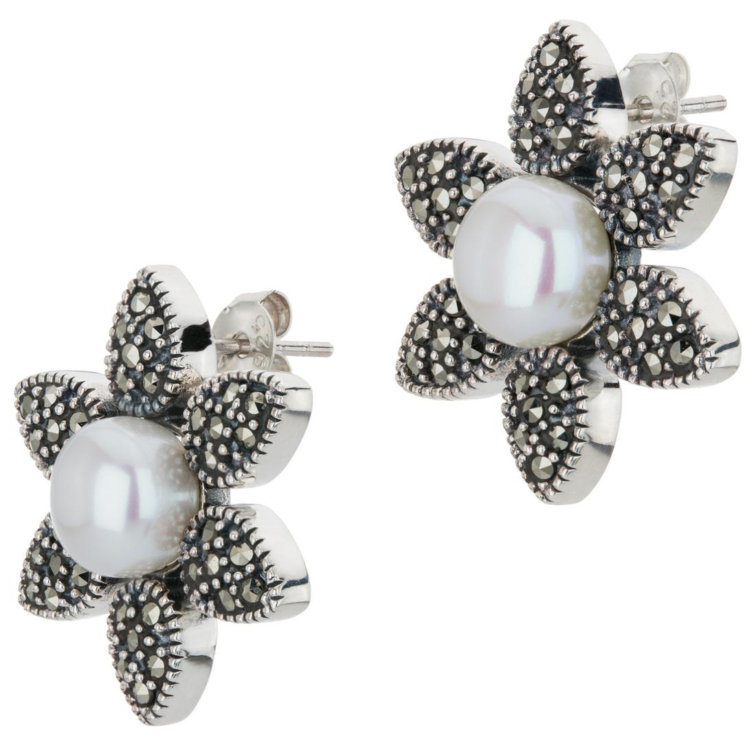 Silver FW Pearl & Marcasite Flower Stud Earrings: A smart design from Addison Lane’s Felicity collection! These lovely earrings are beautifully crafted in oxidized sterling silver and adorned with a lustrous freshwater pearl surrounded by marca