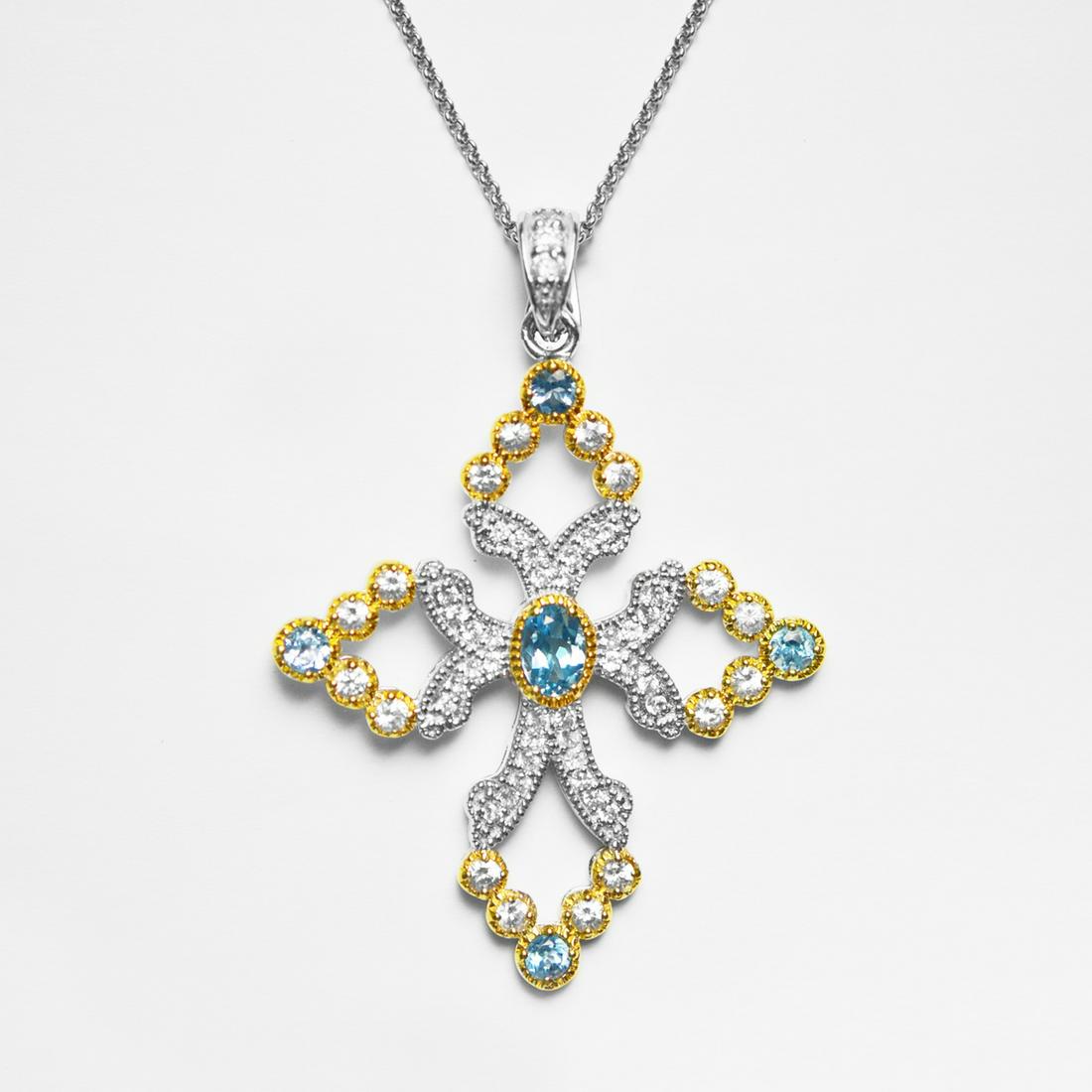 Silver 3.56cwt Blue Topaz & Zircon Cross Pendant (1 of 2)