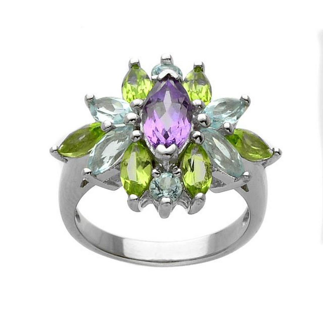Silver Multi Gemstones Flower Shape Ring-SZ 6 (1 of 1)