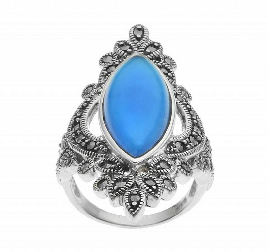 Silver Blue Agate & Marcasite Shield Ring-SZ 10: • Genuine blue agate & marcasite • Oxidized beading around the stones • Comfortable sheild design • Gleaming rhodium over fine sterling silver