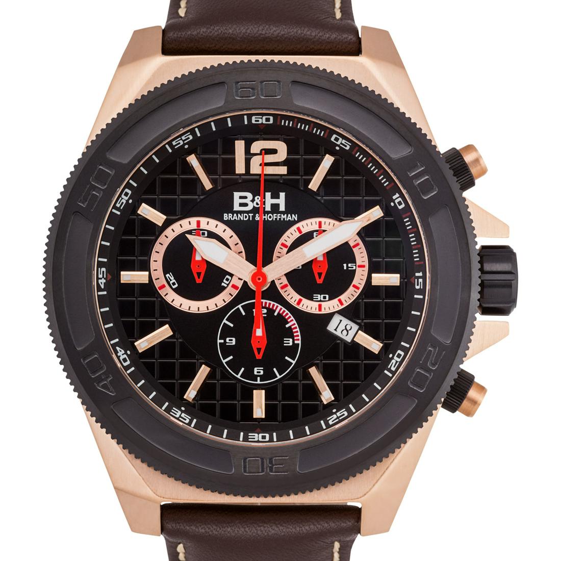 Brandt & Hoffman Swiss Chronograph Mens Watch: Movement Type:-Genuine Swiss Ronda 3050.D Movement Display Type:-Analog Water Resistant:-Water Resistant To 10ATM Case Size:-48mm x 58mm x 14mm Case Material:-Surgical Grade 316L Stainless Steel Dial
