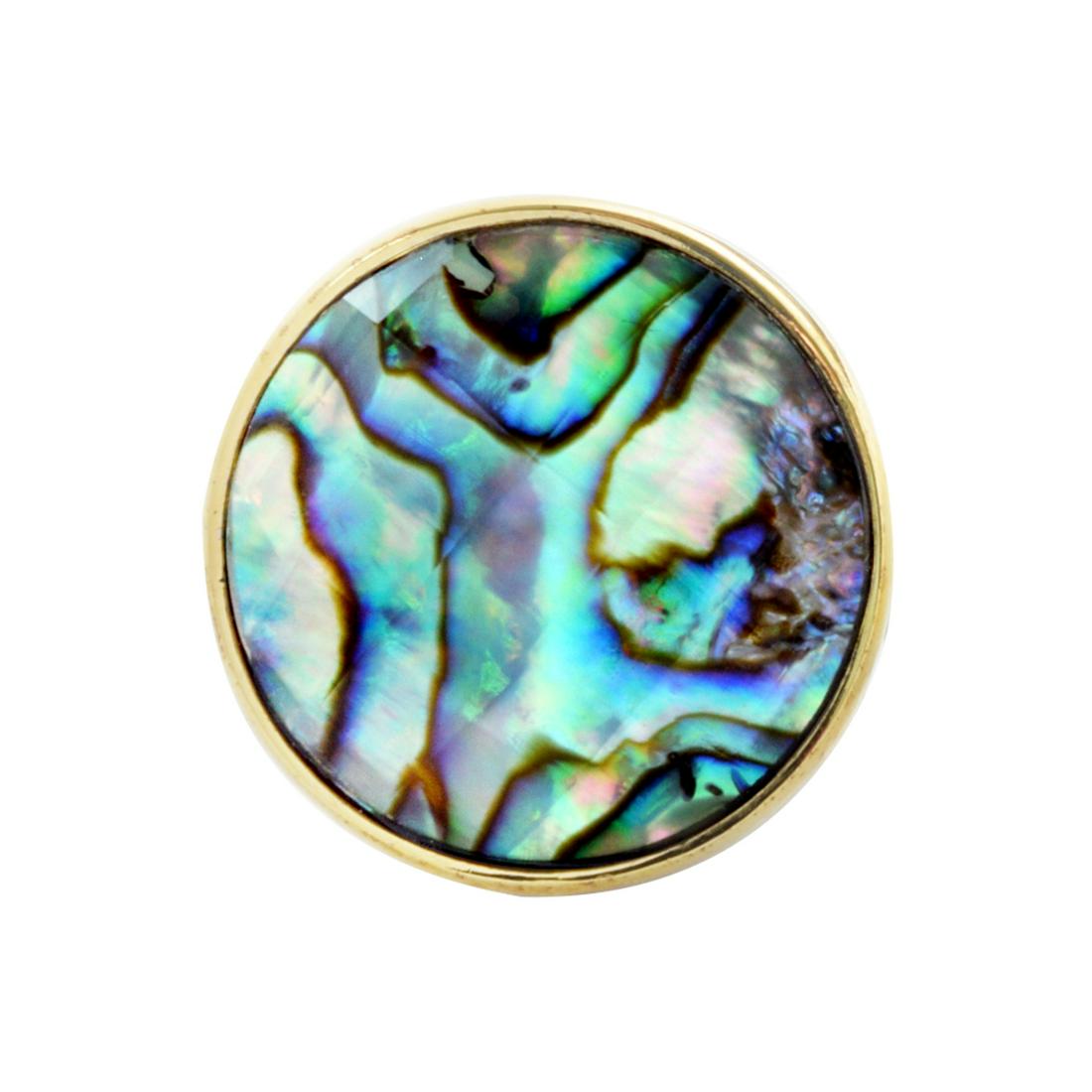 Sterling Silver Abalone Doublet Filigree Ring-SZ 7: • Genuine abalone • One round checkerboard cut 22mm doublet • Filigree on the upper shank • Gleaming rhodium over fine sterling silver • Garnet is the birthstone for the 