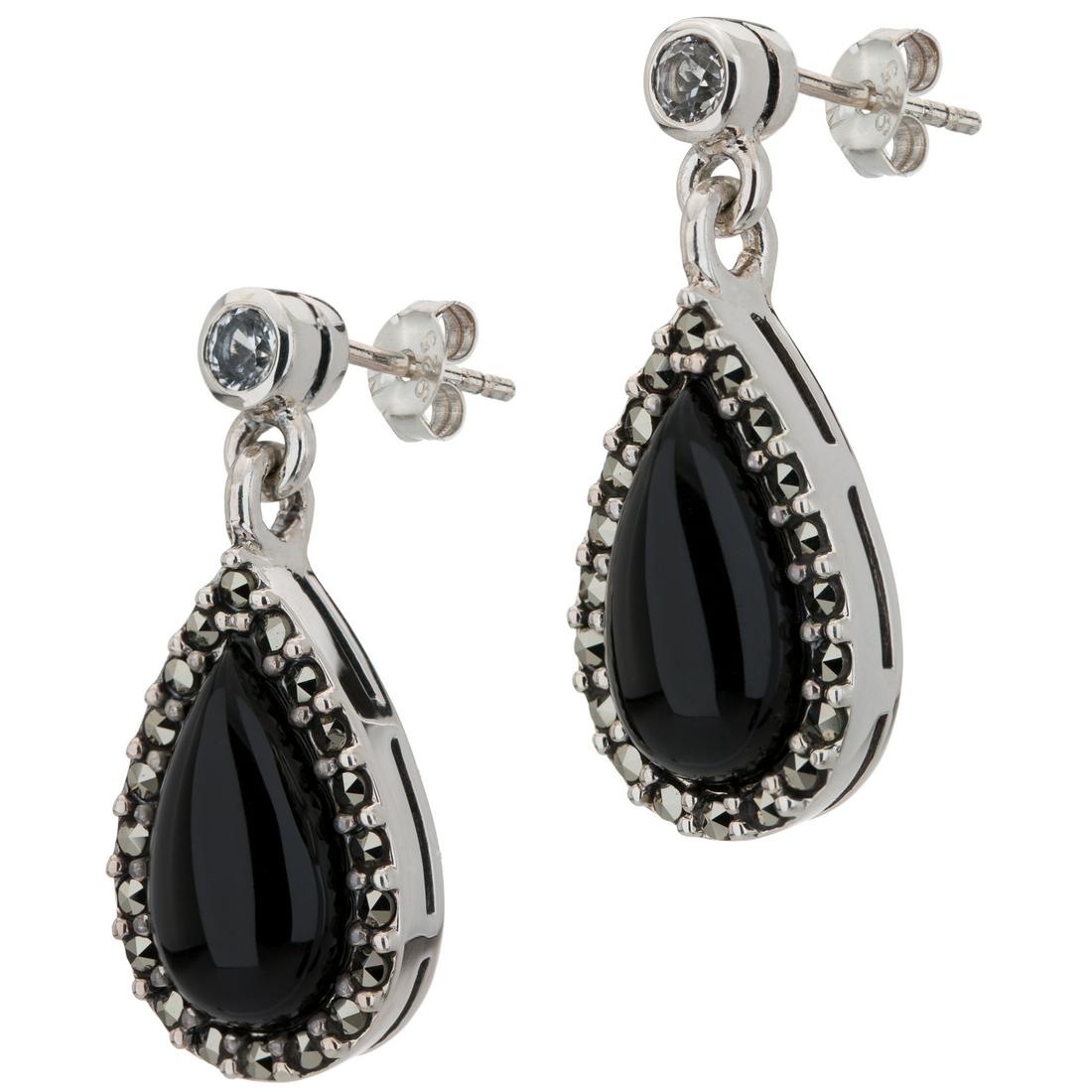Sterling Silver Black Agate Drop Earrings: What a lovely casual look! Addison Lane’s smart drop design is beautifully crafted in oxidized sterling silver and adorned with genuine black agate, marcasite and white topaz gemstones. You̵