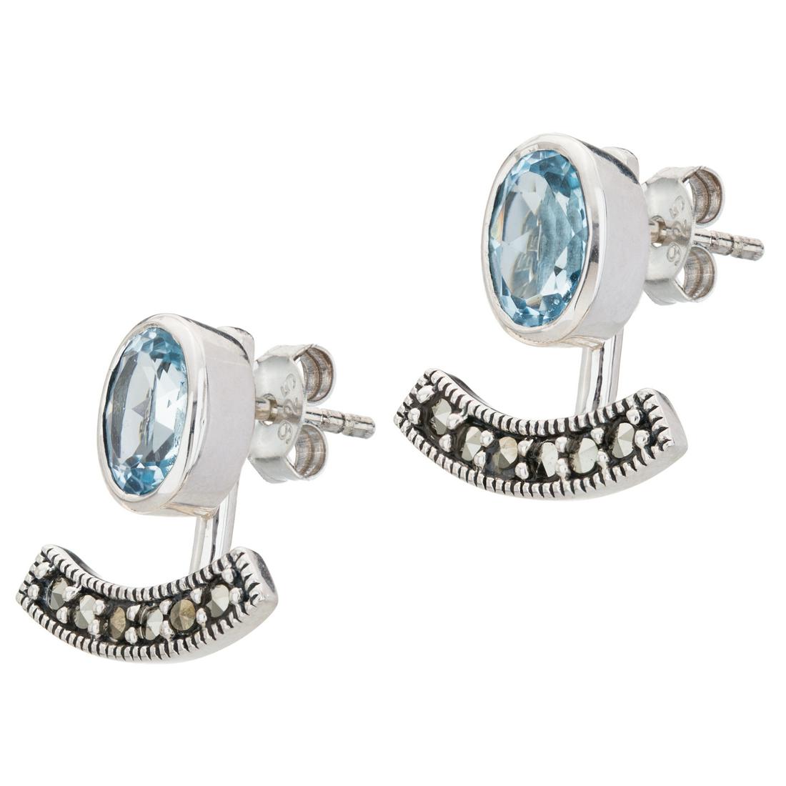 Silver Blue Topaz & Marcasite Jacket Stud Earrings: Versatility is yours with these lovely earrings from the Addison Lane Zenith collection. The smart removable jacket styling provides two distinctly different looks. Beautifully crafted in oxidized ste