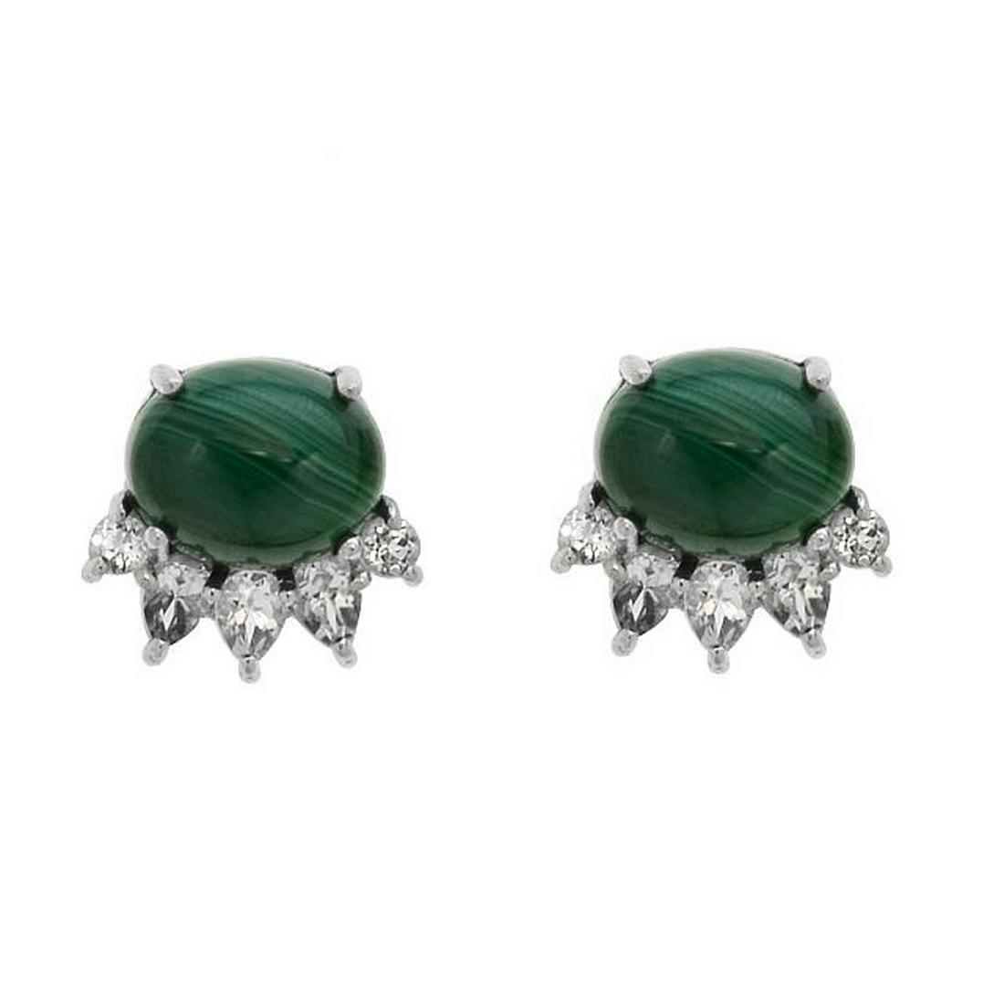 Sterling Silver Malachite & Topaz Stud Earrings: • Genuine white topaz & malachite • 1.24ct white topaz • One oval gemstones with shimmering white topaz arc over like a crown design • Comfortable butterfly clasp • Gleam