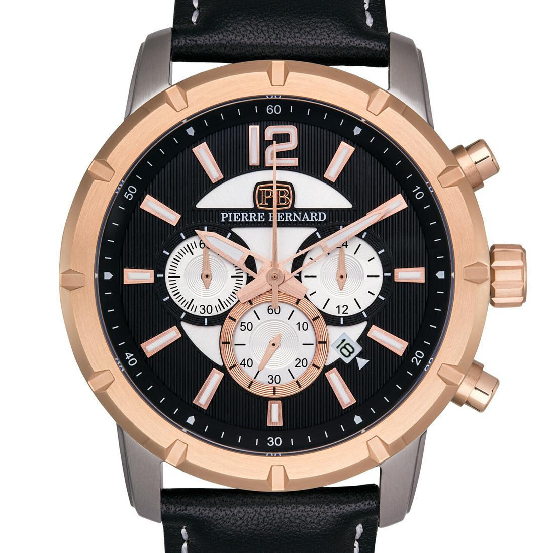 Pierre Bernard Chronograph Steeplechase Men Watch: Main Features: Luminescent hands, Visable Date Window, True Chronograph Functions Hands: Luminescent hands Case Shape: Round Material: Stainless Steel, Leather Case Thickness: 12mm Strap Width: 22mm S