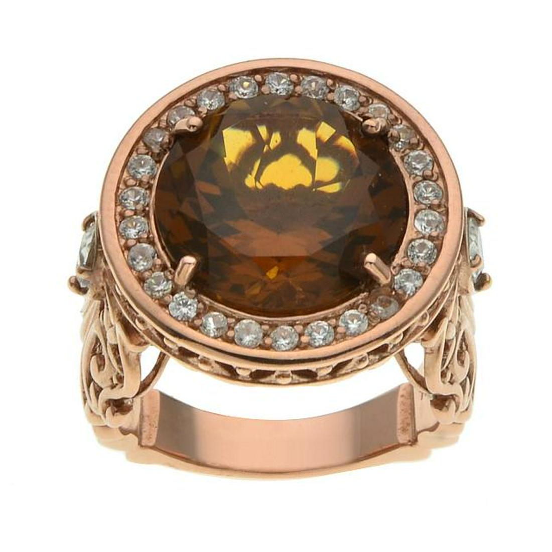 14K Rosegold Vermeil Whisky Quartz Ring-SZ 7: • Genuine whisky quartz & white zircon • 6.74cwt whisky quartz • Filigree on the upper side of the shank • 14K rose gold vermeil over fine sterling silver