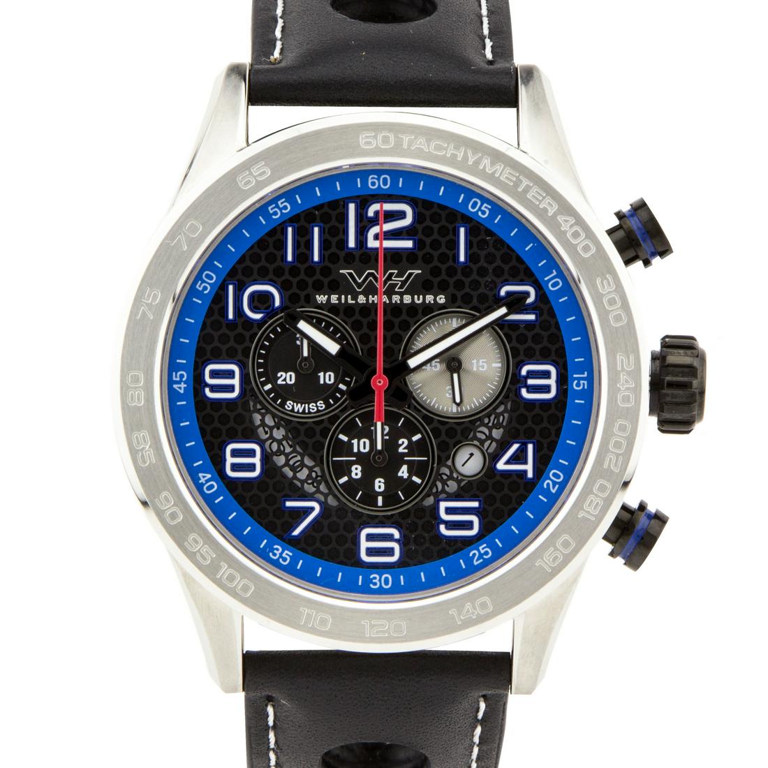 Weil & Harburg Karkin Mens Chronograph Watch: Multi colored, multi textured dial, open date window, lumonesent haands and markers 13mm x 49mm x x200mm Stainless steel, pull-down, pull-down 10ATM Leather strap, stainless steel buckle, 24mm x 200mm