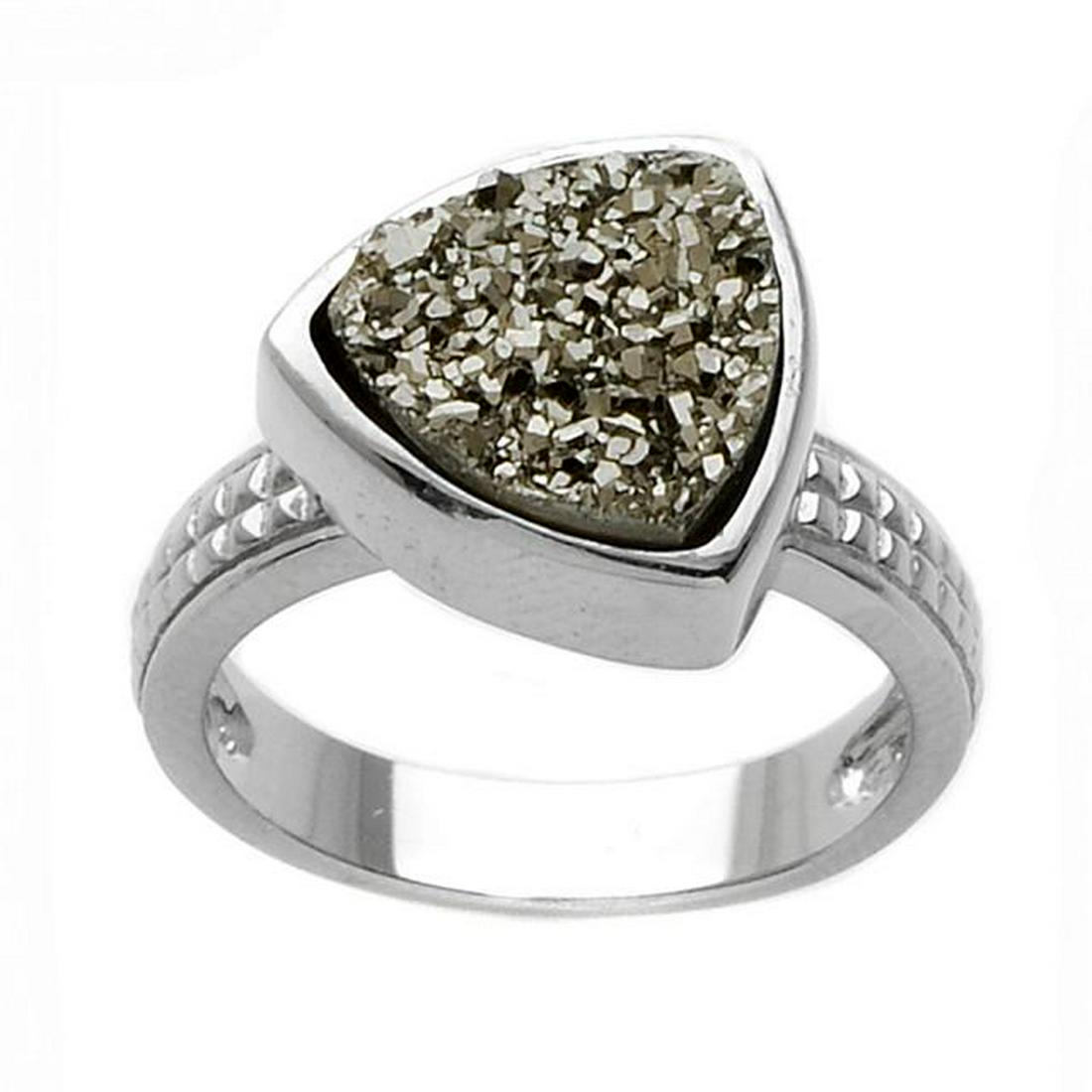 Sterling Silver 10mm Platinum Drusy Band Ring_SZ 7: • Genuine platinum drusy • Triangular shape 10mm • Square shape texture on the upper shank • Gleaming rhodium over fine sterling silver