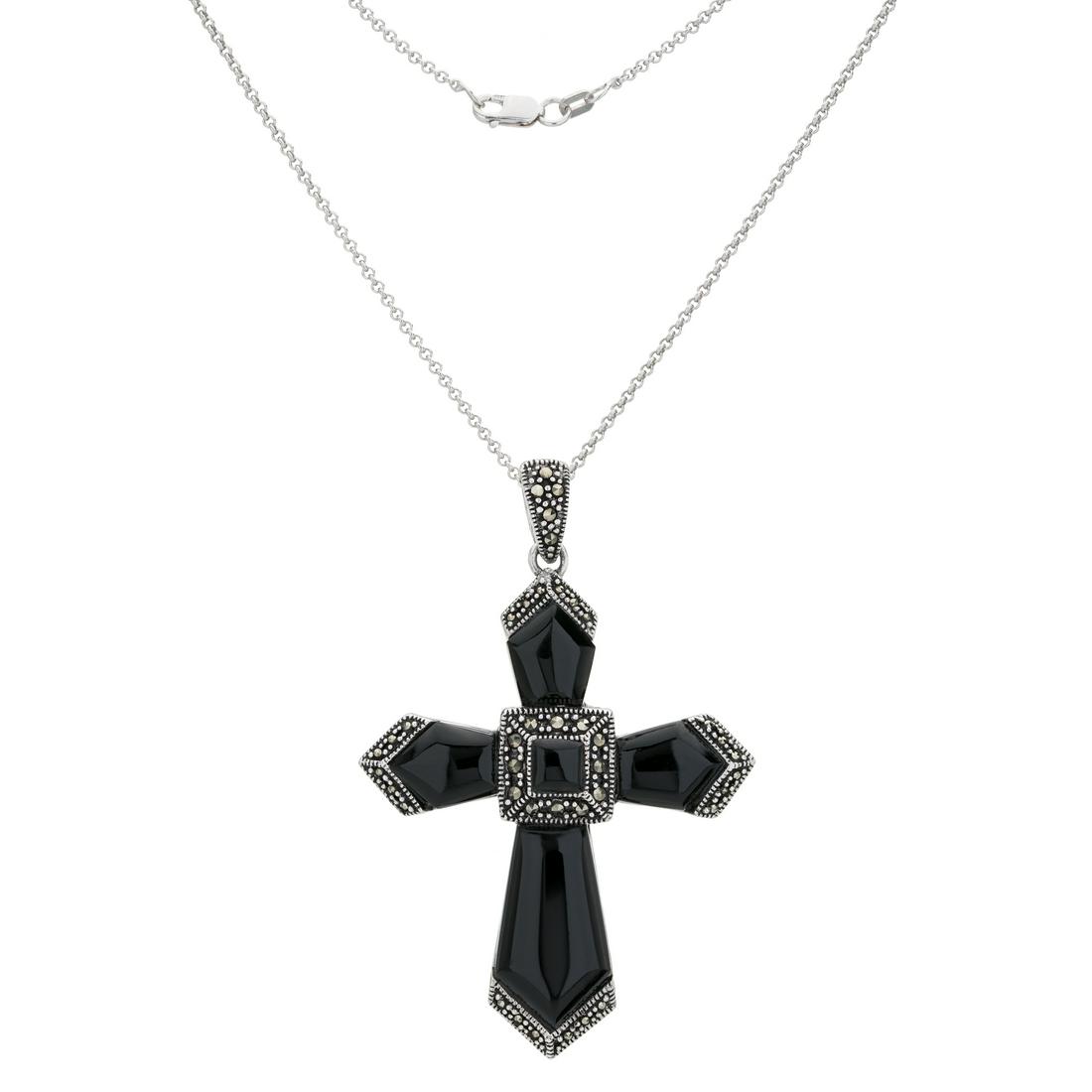 Silver Marcasite and Black Onyx Cross Pendant: Make a lovely affirmation of your faith with this striking Passion Cross from Addison Lane’s Weekend Collection. Beautifully crafted in black onyx with marcasite accents in an oxidized sterling 