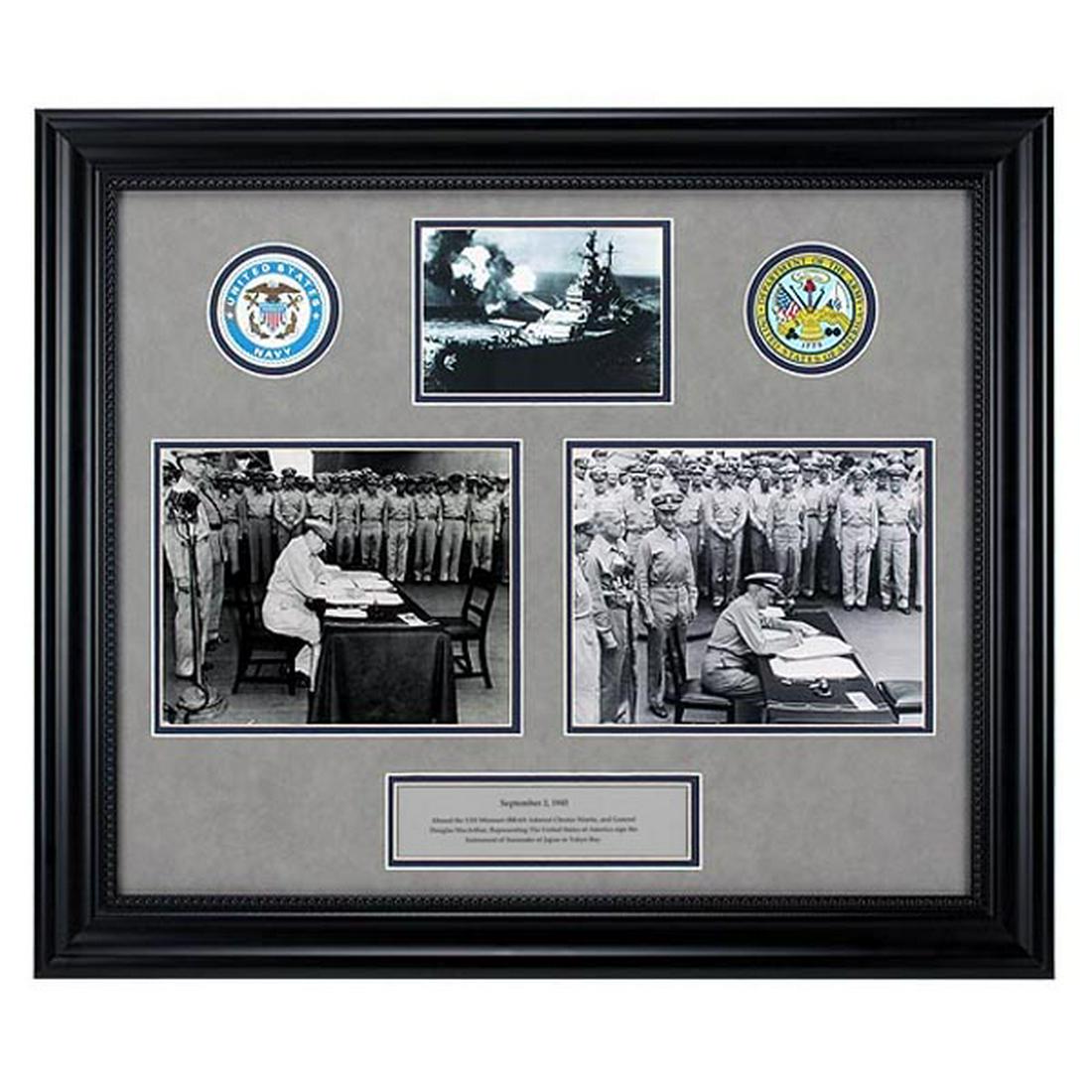 WWII Army-Navy Photos USS Missouri in Tokyo Bay: Supreme Allied Commander, U.S. General of the Army Douglas MacArthur (Left) and U.S. Fleet Admiral Chester W. Nimitz, USN, sign the Instrument of Surrender, on board USS Missouri (BB-63), 2 September