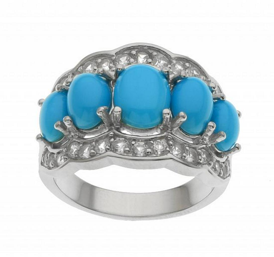 Silver Sleeping Beauty Turquoise & Zircon Ring-SZ5: • Genuine sleeping beauty turquoise & white zircon • 0.94ct white zircon • White Zircon line the scalloped edges • Gleaming rhodium over fine sterling silver
