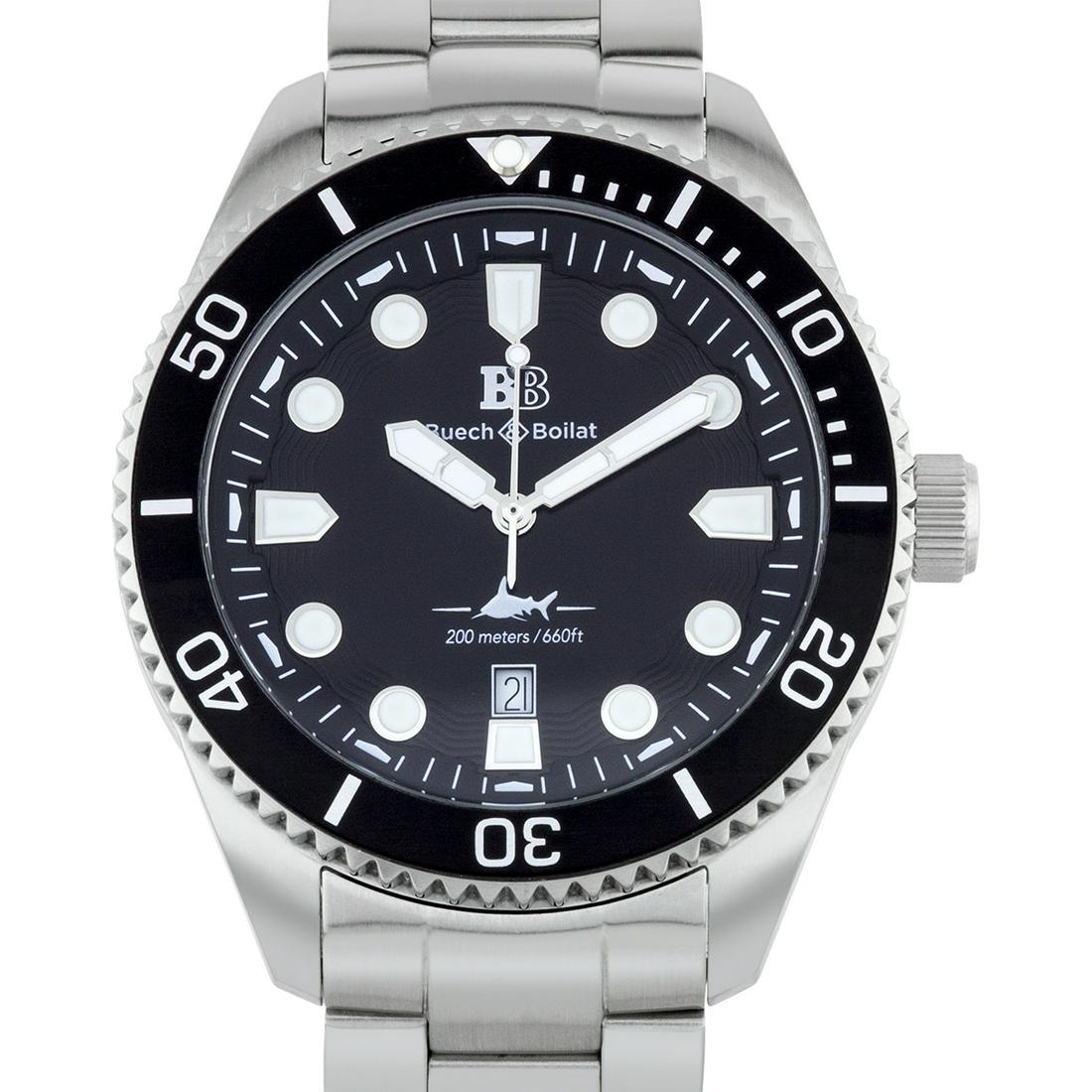 Buech & Boilat Thresher Men's Swiss Diver Watch: Hands: Luminescent Caseback Type: Screw-Down Age: New Strap Color: Silver Type: Analog, Diver Caseback Material: Stainless Steel Material: Stainless Steel Case Shape: Round Case Thickness: 48mm Strap 