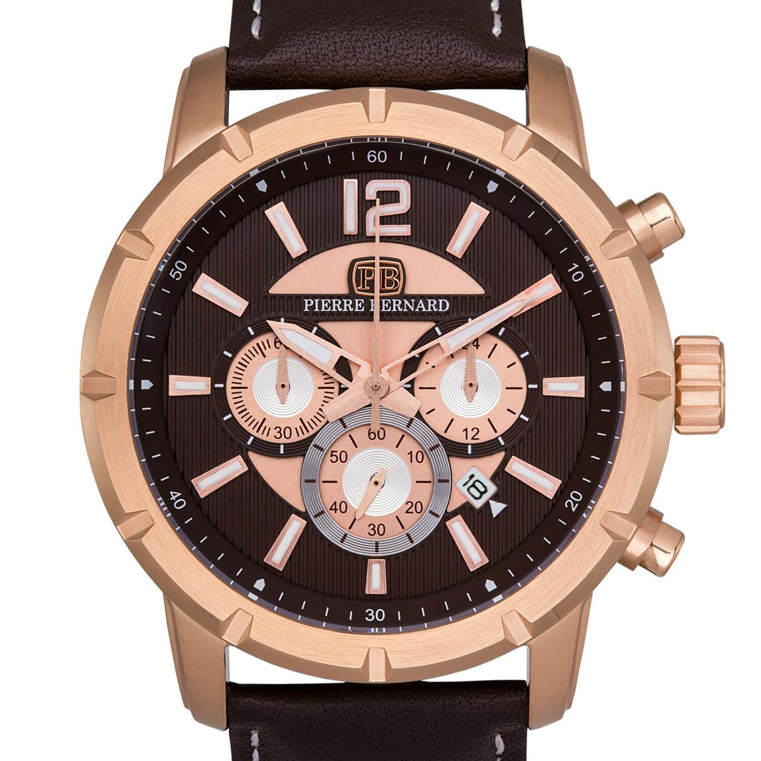 Pierre Bernard Steeplechase Mens Chronograph Watch: Main Features: Luminescent hands, Visible Date Window, True Chronograph Functions Hands: Luminescent hands Case Shape: Round Material: Stainless Steel, Leather Case Thickness: 12mm Strap Width: 22mm S