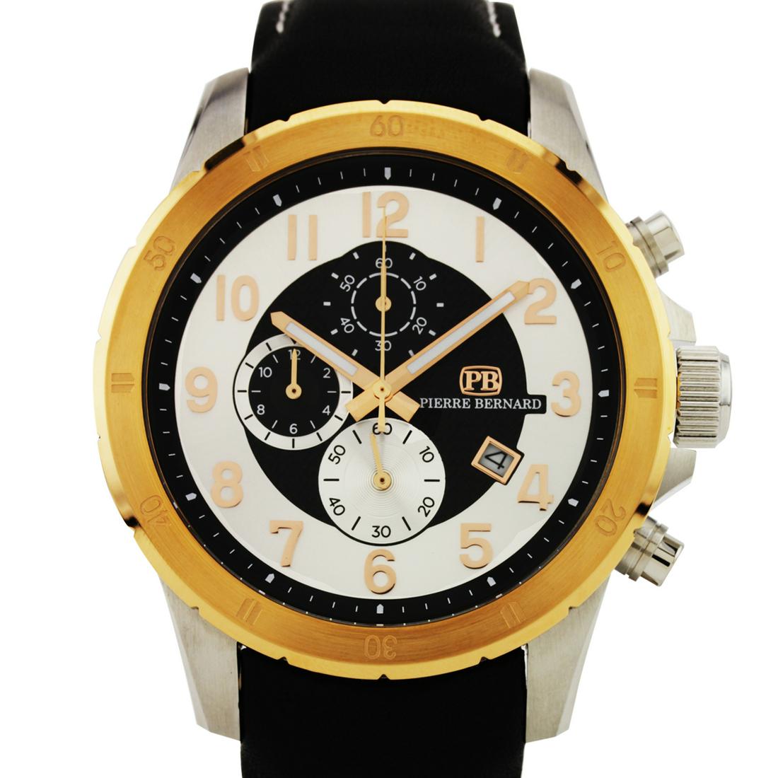 Pierre Bernard Macallan Mens Chronograph Watch: Main Features: True Chronograph Function, Open Date Window, Luminescent Hnads Hands: Luminescent Hnads Case Shape: Round Material: Stainless Steel, Leather Case Thickness: 12mm Strap Width: 22mm Strap