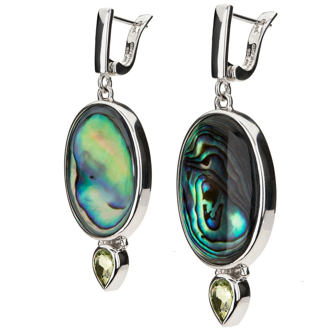 Sterling Silver Abalone & Peridot Drop Earrings: Each finely crafted Sterling Silver earring showcases a large oval Abalone cabochon with one pear cut Peridot just below it. Latch backs connect with ease to get you on your way quick. So break out yo