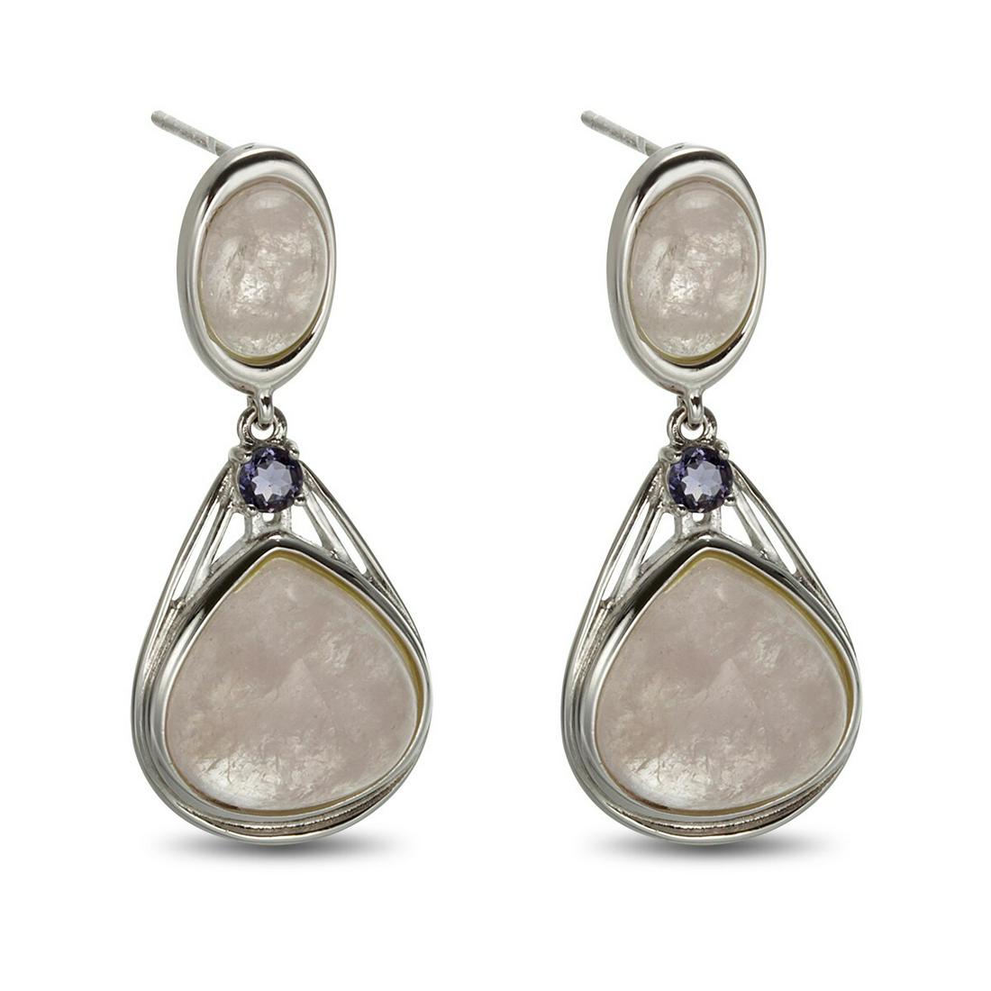 Sterling Silver Morganite & Iolite Drop Earring: Gorgeous soft coloration and lovely drop styling make these earrings from the Pangea Mines Pretty in Pink Collection a “must have.” Gleaming anti-tarnish rhodium over sterling silver is ad