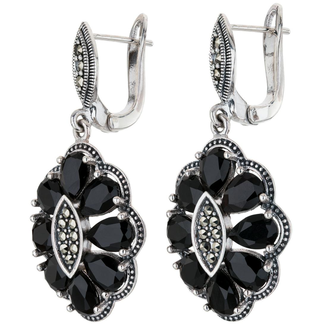 Silver Marcasite & Black Onyx Flower Drop Earrings: The elegance of a bygone age beautifully updated—that’s Addison Lane’s Felicity Collection. You will love the classic styling of these vintage-inspired drop earrings, beautifully cra