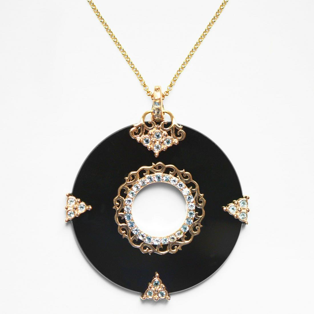 14K Rose Gold Vermeil Onyx & Blue Topaz Pendant: • Genuine Black onyx & Swiss Blue Topaz & Zircon • 2.15cwt Swiss blue topaz • Open scrollwork design • 14K Rose Gold Vermeil over sterling silver