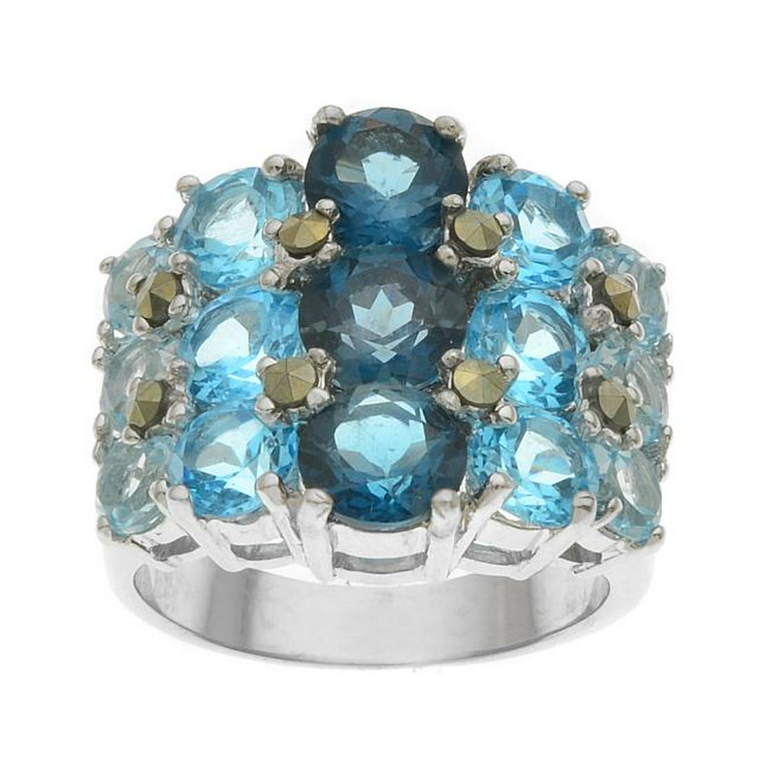 Silver 7.95ctw Blue Topaz & Marcasite Ring-SZ 7: • Genuine marcasite, london blue topaz, swiss blue topaz & sky blue topaz • 7.95ct gemstones • Blue topaz arranged in a three stone columns • Gleaming rhodium over fine sterlin