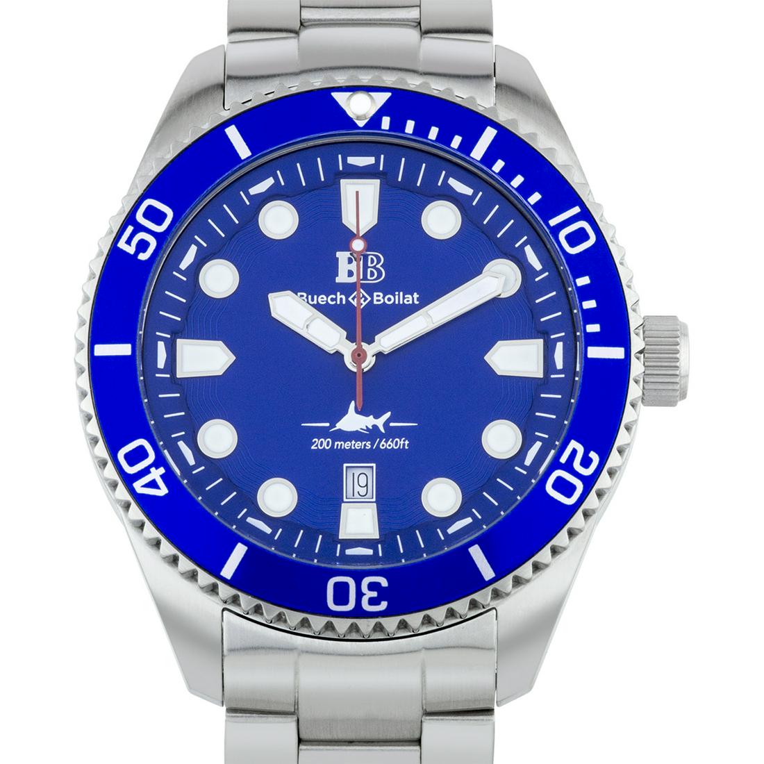 Buech & Boilat Thresher Men's Swiss Diver Watch: Hands: Luminescent Caseback Type: Screw-Down Age: New Strap Color: Silver Type: Analog, Diver Caseback Material: Stainless Steel Material: Stainless Steel Case Shape: Round Case Thickness: 48mm Strap 