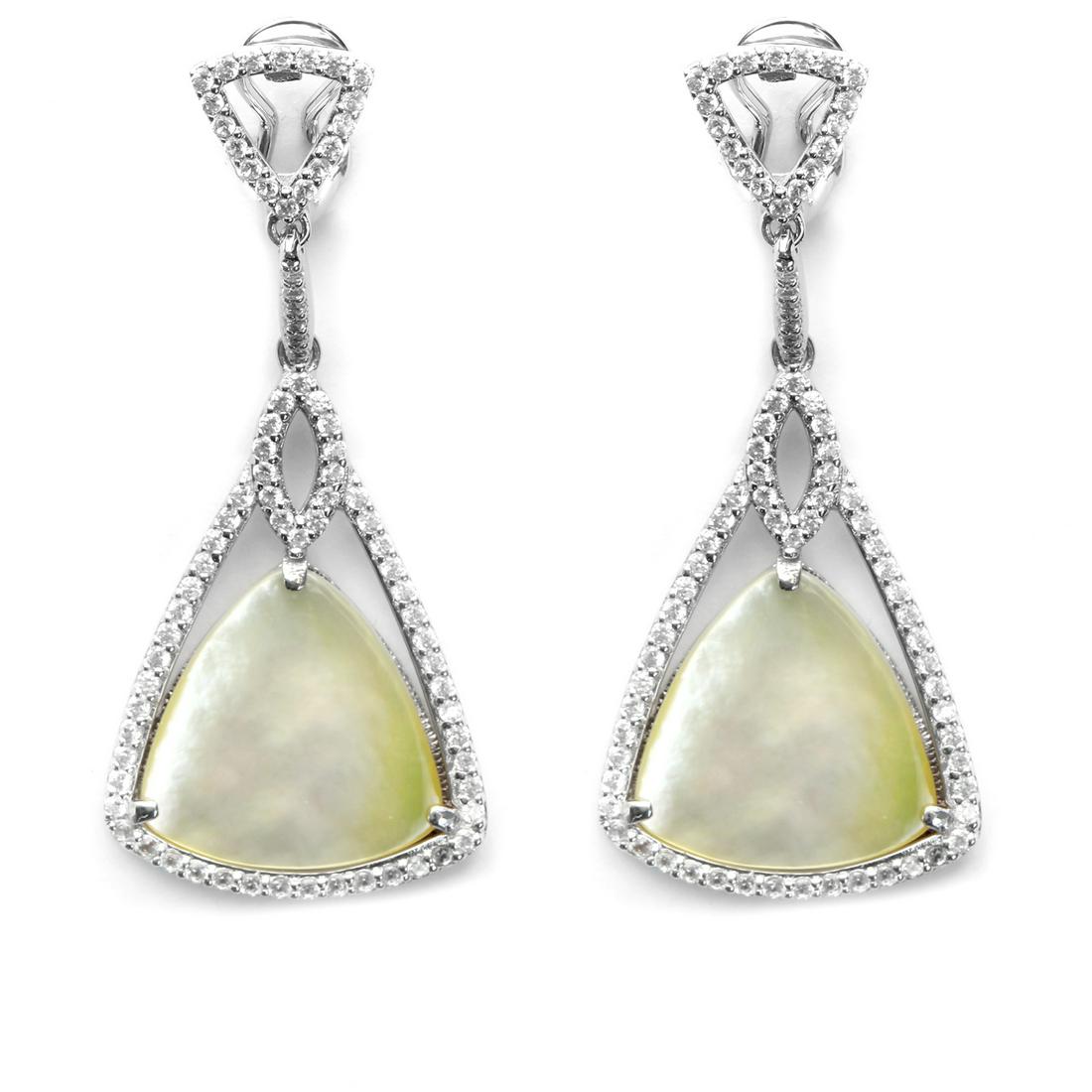 Silver Golden MOP & Zircon Doublet Drop Earrings: • Genuine golden mother of pearl & white Zircon • Triangular base drop with lined shimmering zircon • Comfortable omega back • Gleaming rhodium over fine sterling silver