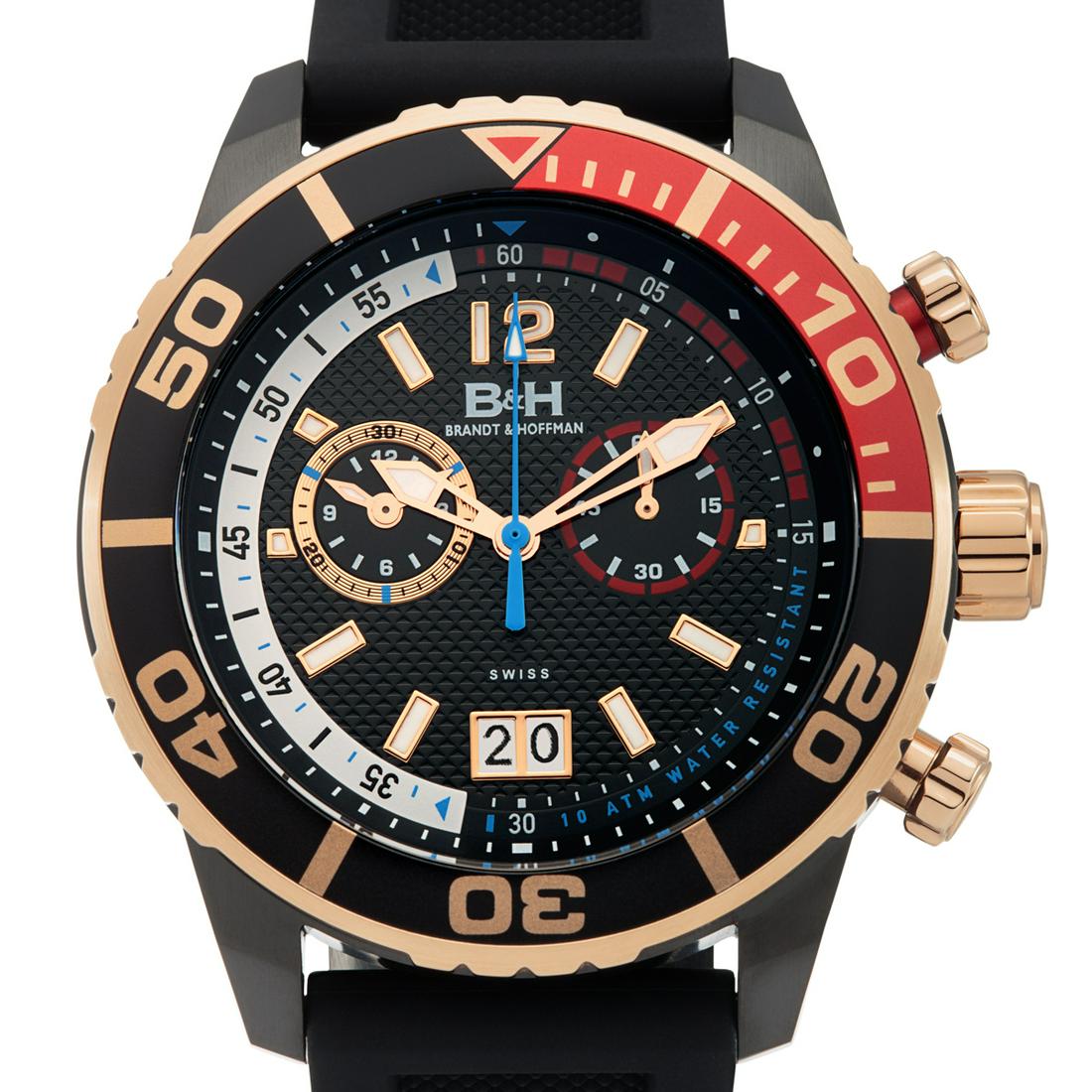 Brandt & Hoffman Swiss Chronograph Mens Watch: Movement Type:-Genuine Swiss Ronda 5020.D Movement Display Type:-Analog Water Resistant:-Water Resistant To 10ATM Case Size:-45mm x 52mm x 12mm Case Material:-Surgical Grade 316L Stainless Steel Dial