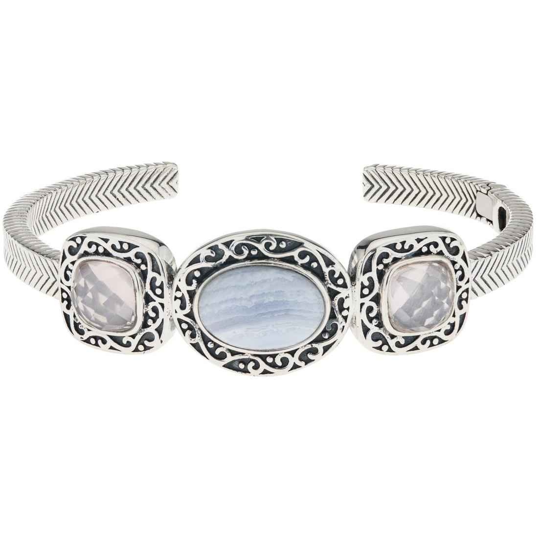 Silver Rose Quartz & Lace Agate Hinged Cuff 6.7" (1 of 3)