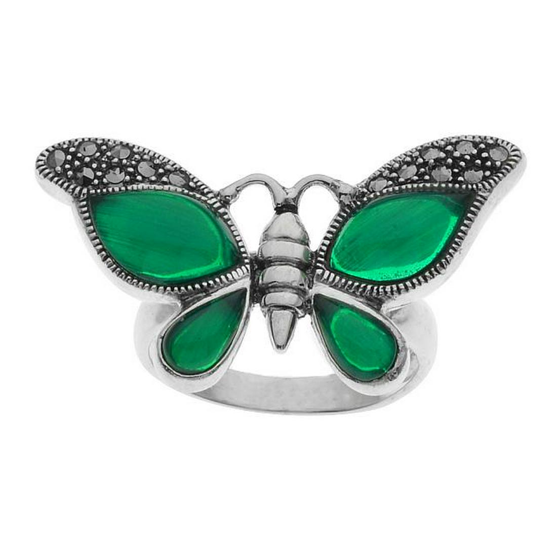 Silver Green Agate & Marcasite Butterfly Ring-SZ 6: What a delightfully charming design! Addison Lane crafts a gorgeous butterfly ring from the Animal Kingdom Collection in gleaming sterling silver and adorns it with lovely green agate and marcasite de