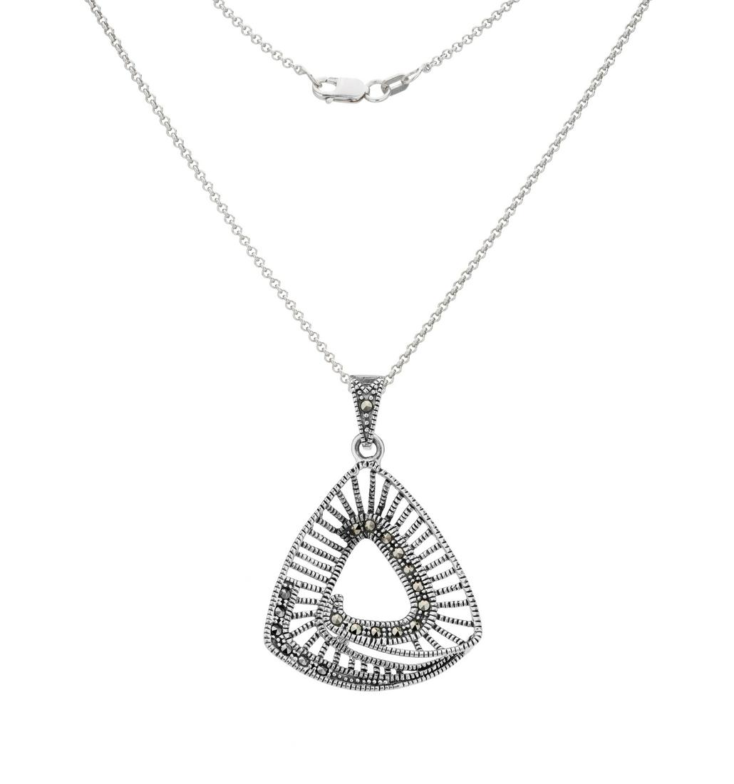 Silver Marcasite Open-Metalwork Triangular Pendant: This refreshing open metalwork design from the Addison Lane Weekend Collection creates a light, breezy accent perfect for an active weekend of fun. Beautifully crafted in oxidized sterling silver, the
