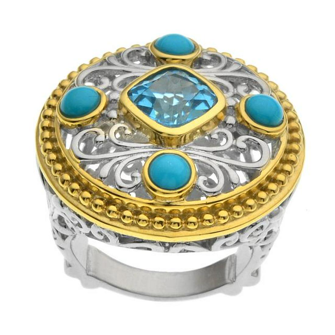 Silver 2.75ct Blue Topaz & Turquoise Ring-SZ 6 (1 of 2)