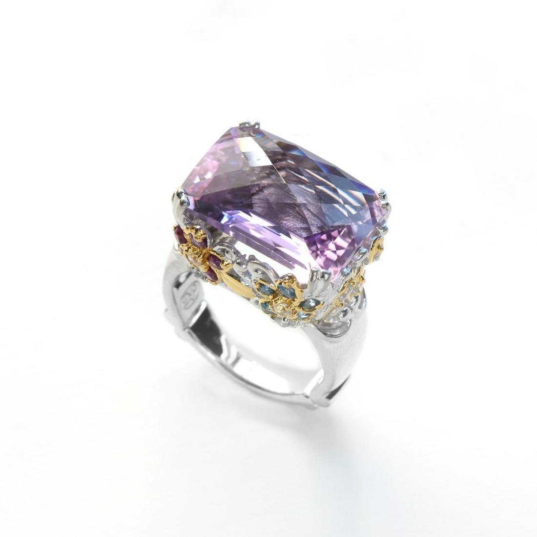 Sterling Silver 12.07ctw Pink Amethyst Ring-SZ 8: • Genuine pink amethyst, rhodolite garden, london blue topaz & white zircon • 10.45ct amethyst and 1.62ct of garnet, topaz and zircon • Floral shapes encrusted with gemstones with go
