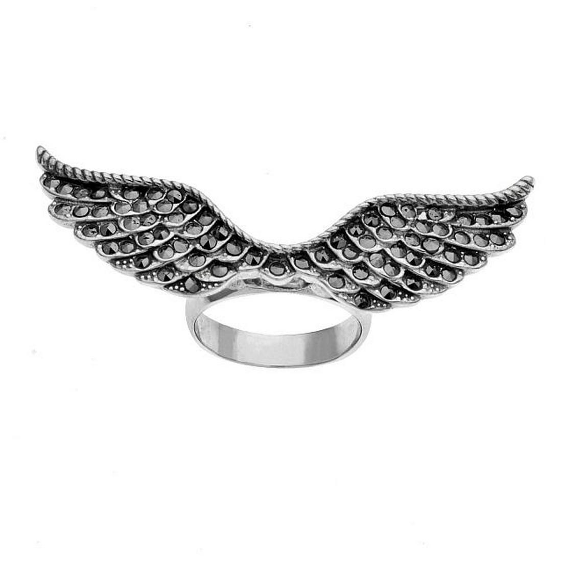 Sterling Silver Marcasite Angel Wing Ring-SZ 7: • Genuine marcasite • Angel wing design • Gleaming rhodium over fine sterling silver