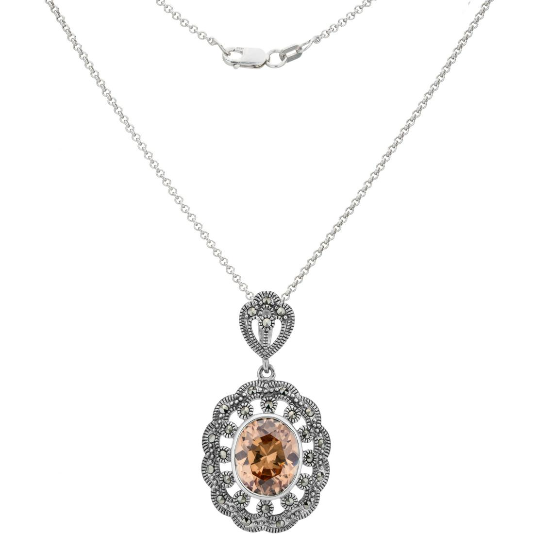 Sterling Silver Marcasite & CZ Pendant: Sophisticated refinement is yours with this vintage-inspired pendant necklace from the Addison Lane Felicity Collection. Beautifully crafted with a centered oval cut cubic zirconia surrounded by spark