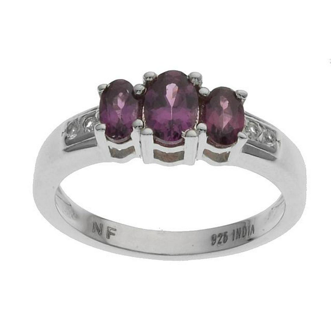 Silver Purple Garnet & Topaz 3-Stone Ring-SZ 8: • Genuine purple garnet & white topaz • 1.02ct garnet & 0.04ct white topaz • Gleaming rhodium over fine sterling silver