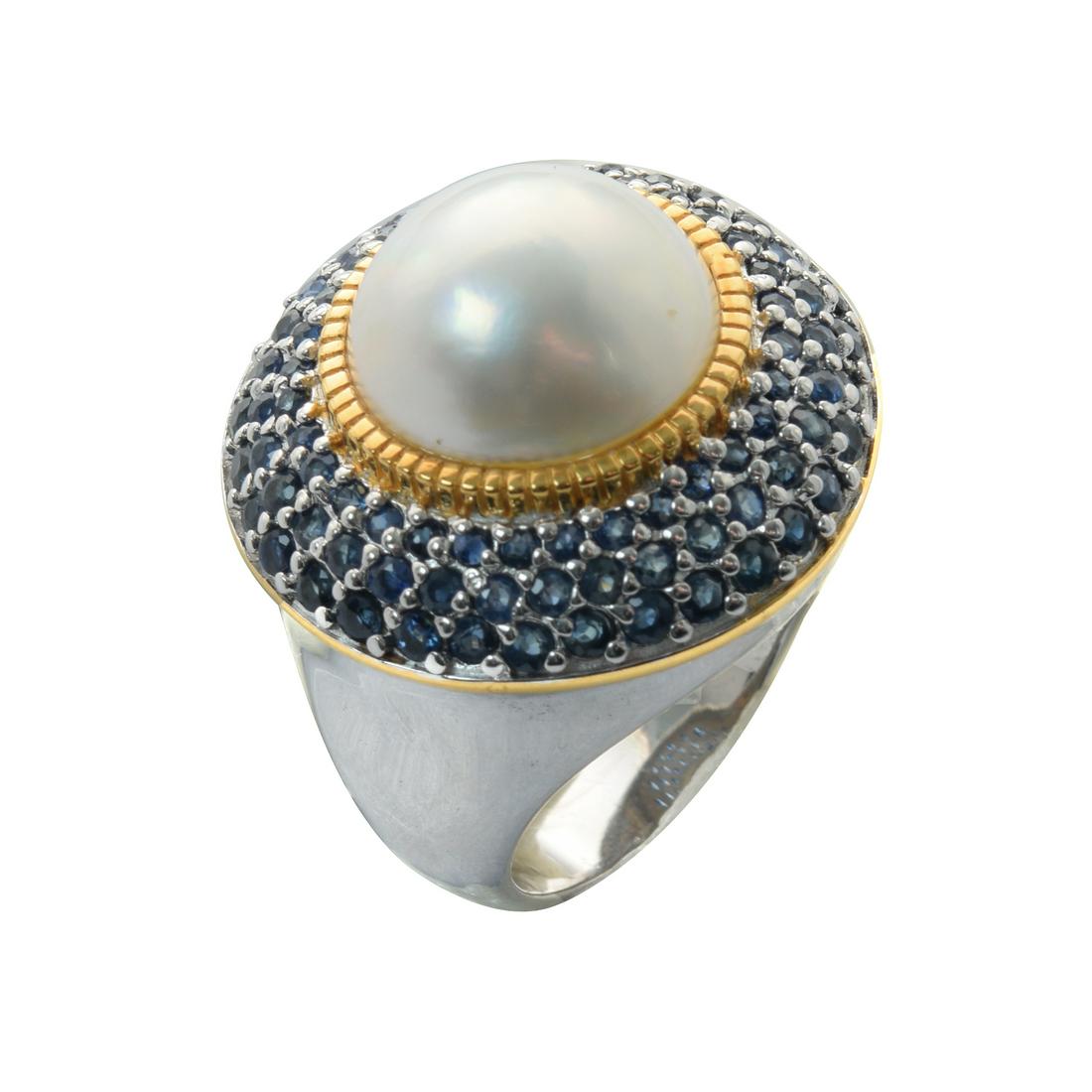 Silver Mabe Pearl & Sapphire Dome Ring-SZ 9 (1 of 1)