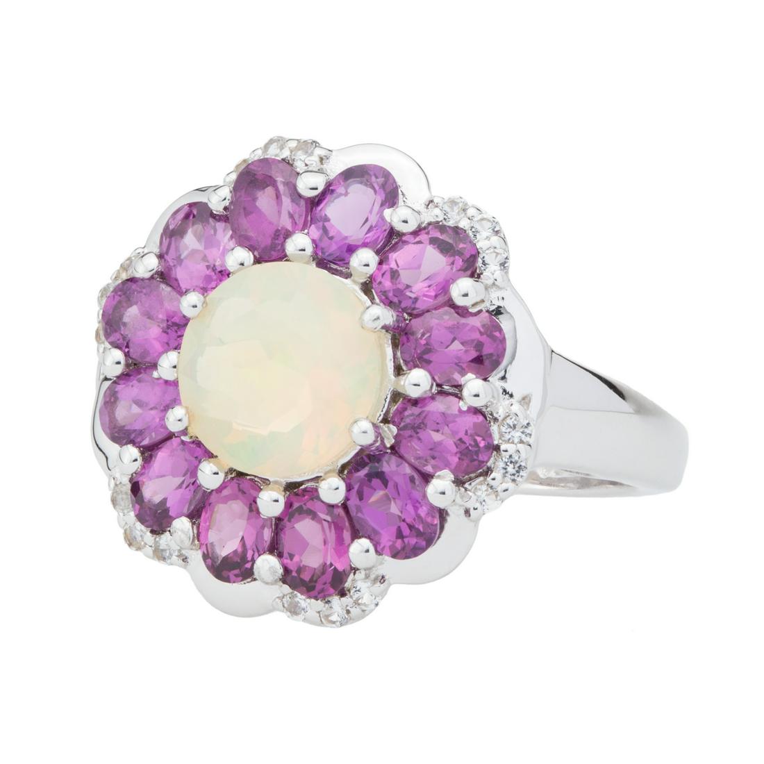 Silver Ethiopian Opal & Garnet Flower Ring-SZ 6 (1 of 3)