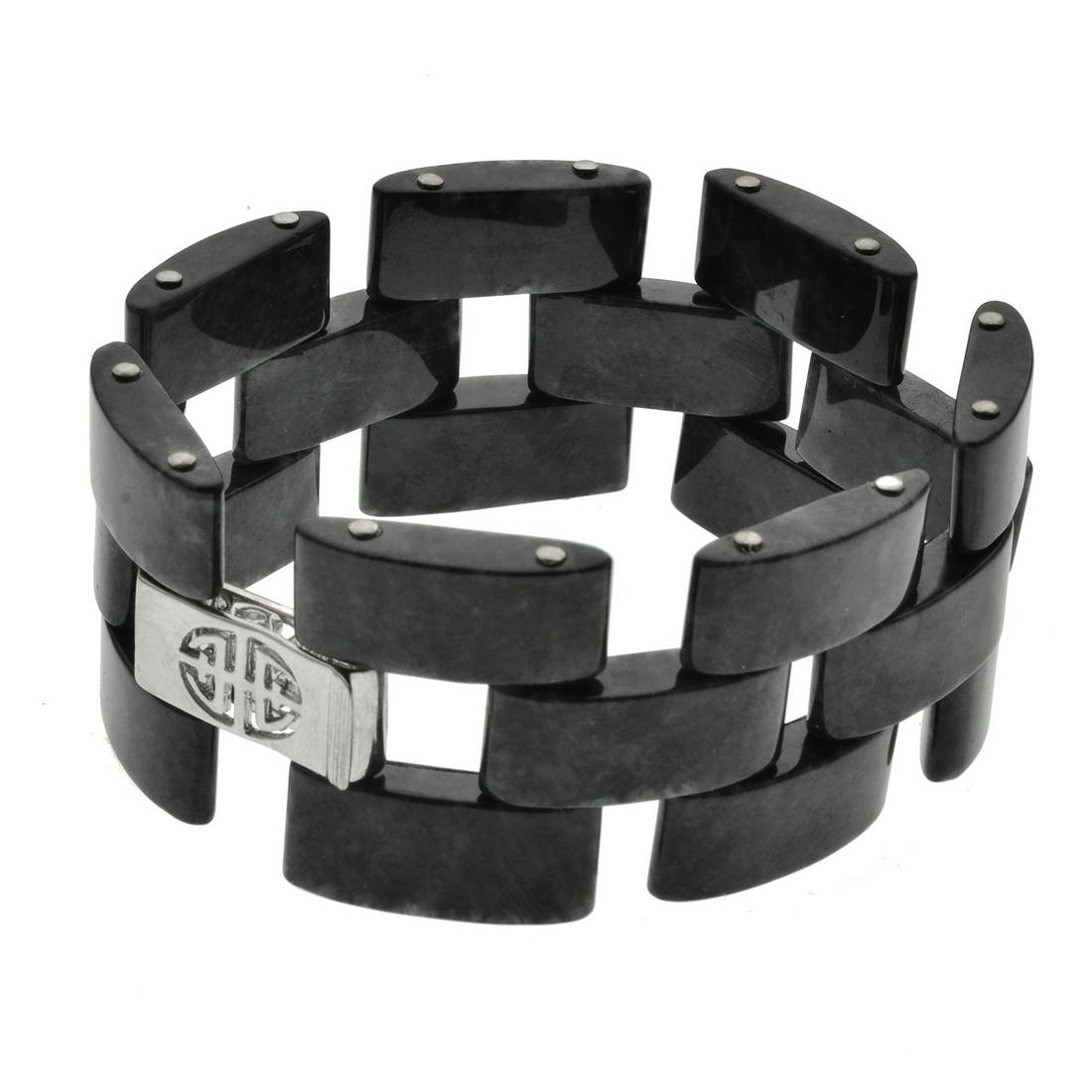 Sterling Silver Charcoal Jade Link Bracelet 7.5": A striking contemporary design from the Pangea Mines Jade Royale collection—a smart link-style bracelet beautifully crafted in fine sterling silver and adorned with genuine charcoal jade. Add a 