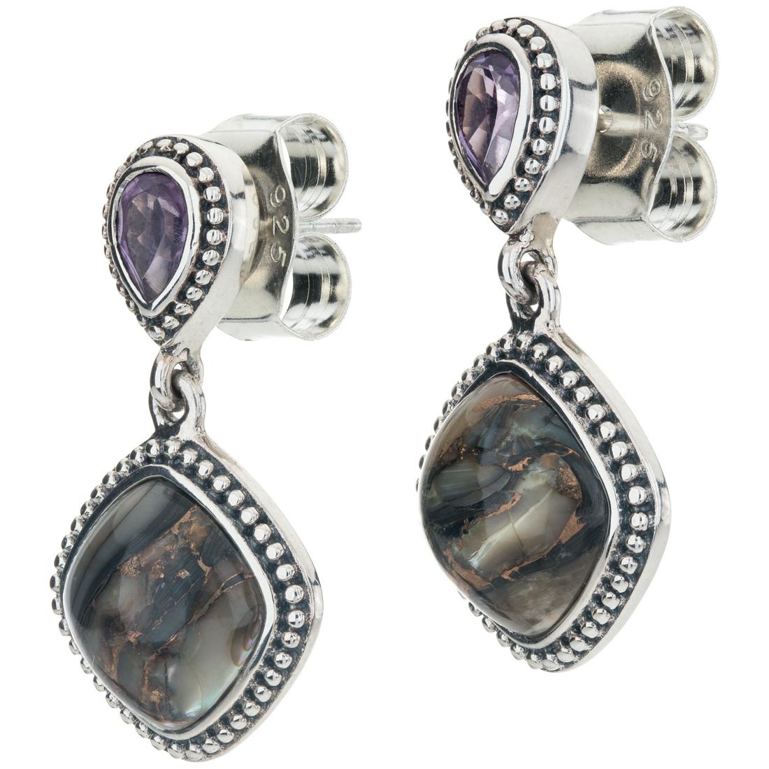 Silver Bronze Abalone & Amethyst Drop Earrings: 925 Sterling Silver Pangea Mines crafts beautiful drop earrings with a cushion shaped iridescent bronze abalone cabochon accented with a genuine pear cut amethyst gemstone and a beaded border. Styled 