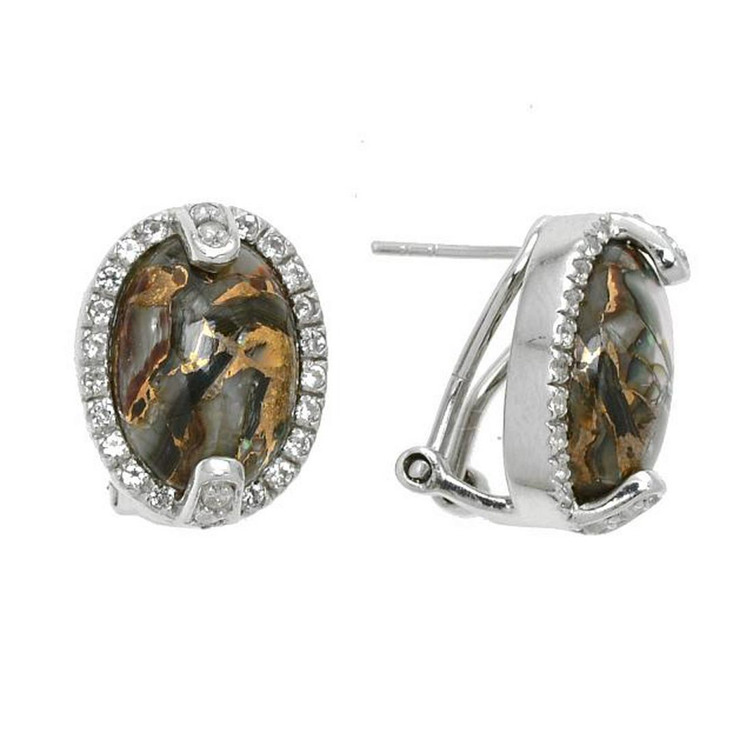 Silver Topaz & Bronze Abalone Halo Stud Earrings: • Genuine White Topaz & Bronze Abalone • 0.76ctw white topaz • Secured Omega back • Gleaming rhodium over fine sterling silver