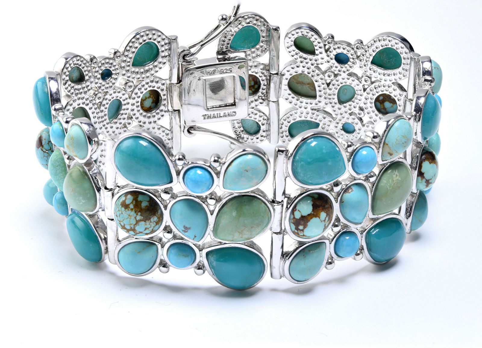 Silver Multi Turquoise Three Row Bracelet 7.2" (1 of 2)