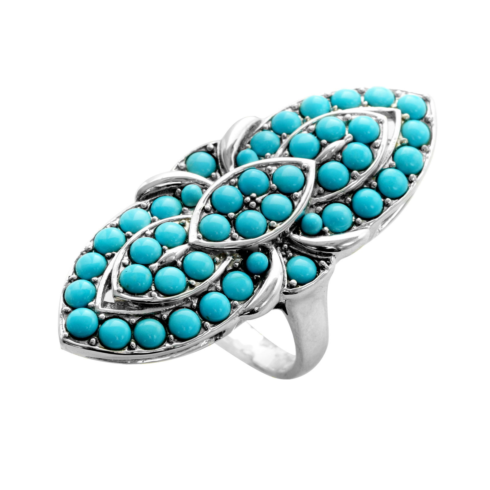 Silver Sleeping Beauty Turquoise Shield Ring-SZ 10: • Genuine sleeping beauty turquoise • Elongated sheild design • Gleaming rhodium over fine sterling silver