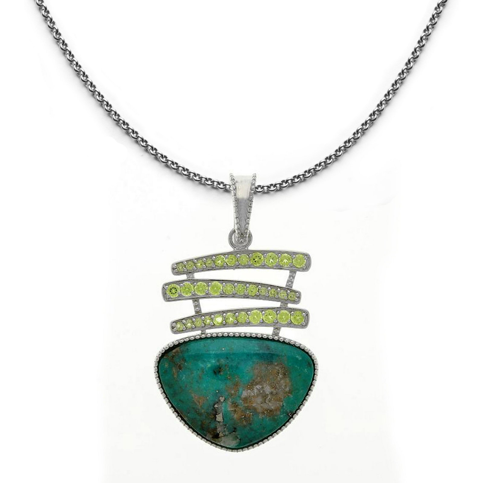 Silver Campo Frio Turquoise & Peridot Pendant: Pangea Mines makes a lovely fashion statement this eye-catching pendant necklace from the Mined in America Collection. Beautifully crafted in rhodium over sterling silver and embellished with genuine 