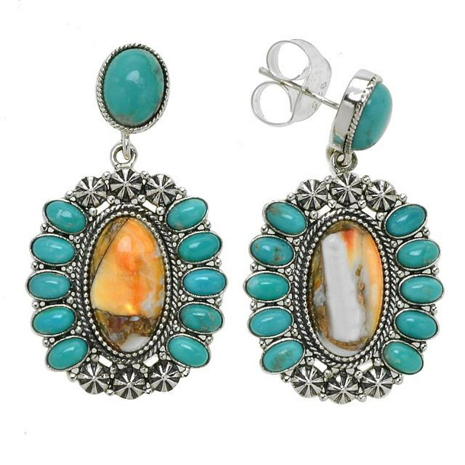 Silver Spiny Oyster & Turquoise Drop Earrings: • Genuine spiny oyster & campo frio turquoise • A large oval cabochons surrounded by small cabochons on the sides • Oxidized trio starburst decorates the north and the south • Comf